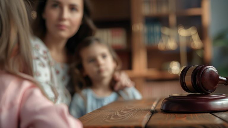 Sala sądowa, młotek sędziego i matka z dziećmi w tle. Ilustracja do artykułu jakie pytania zadaje sąd na sprawie o podwyższenie alimentów