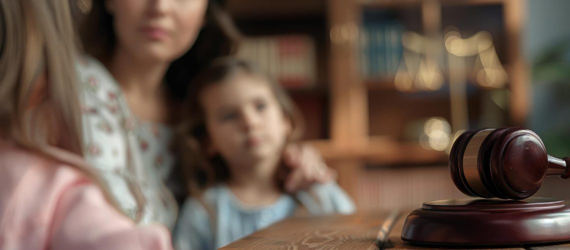 Sala sądowa, młotek sędziego i matka z dziećmi w tle. Ilustracja do artykułu jakie pytania zadaje sąd na sprawie o podwyższenie alimentów